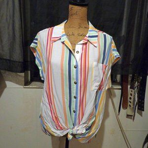 NWOT vintage Multi-Color Striped Short-sleeve Tie-front Top